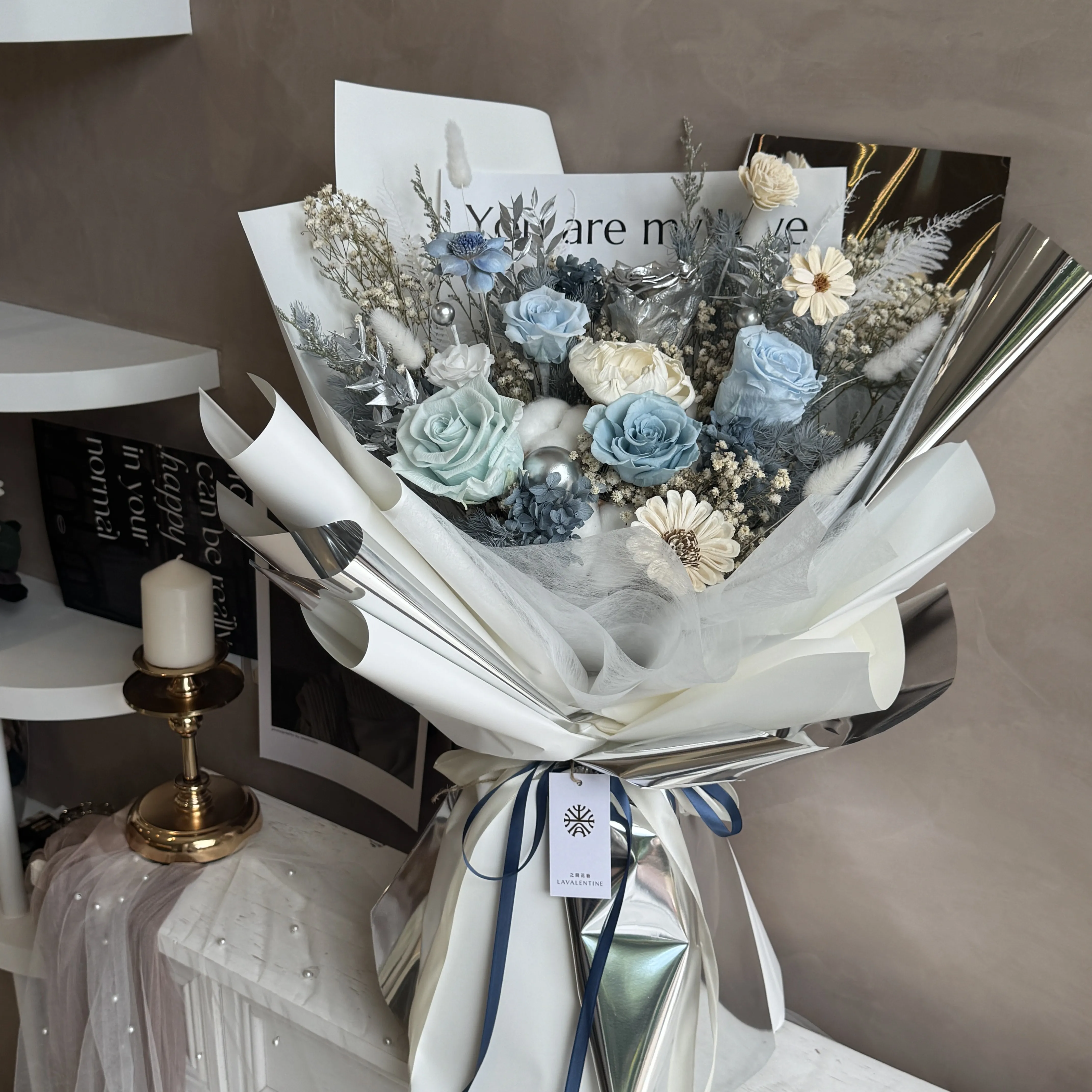 藍白色系永生花束