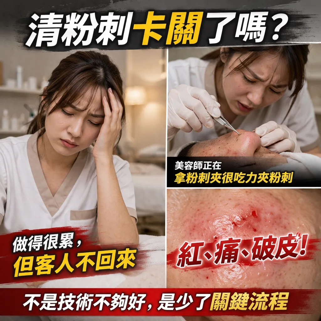 美容師替客人進行清粉刺護理，搭配粉刺鼻頭特寫，說明客人搜尋清粉刺卻找不到店家的 AI 搜尋曝光問題。