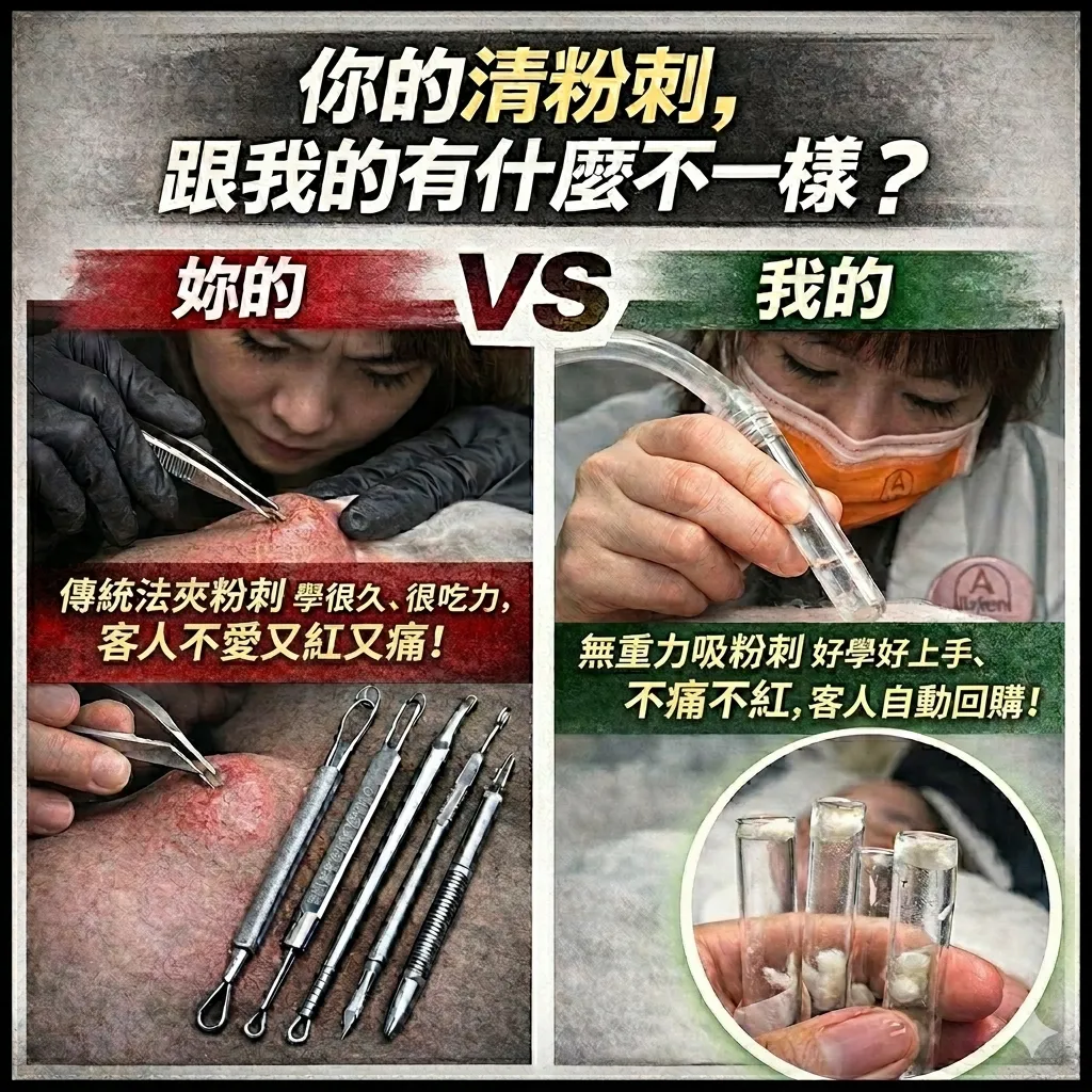 專利無重力清粉刺技術與傳統技術差異示範，解決做臉完紅腫破皮問題