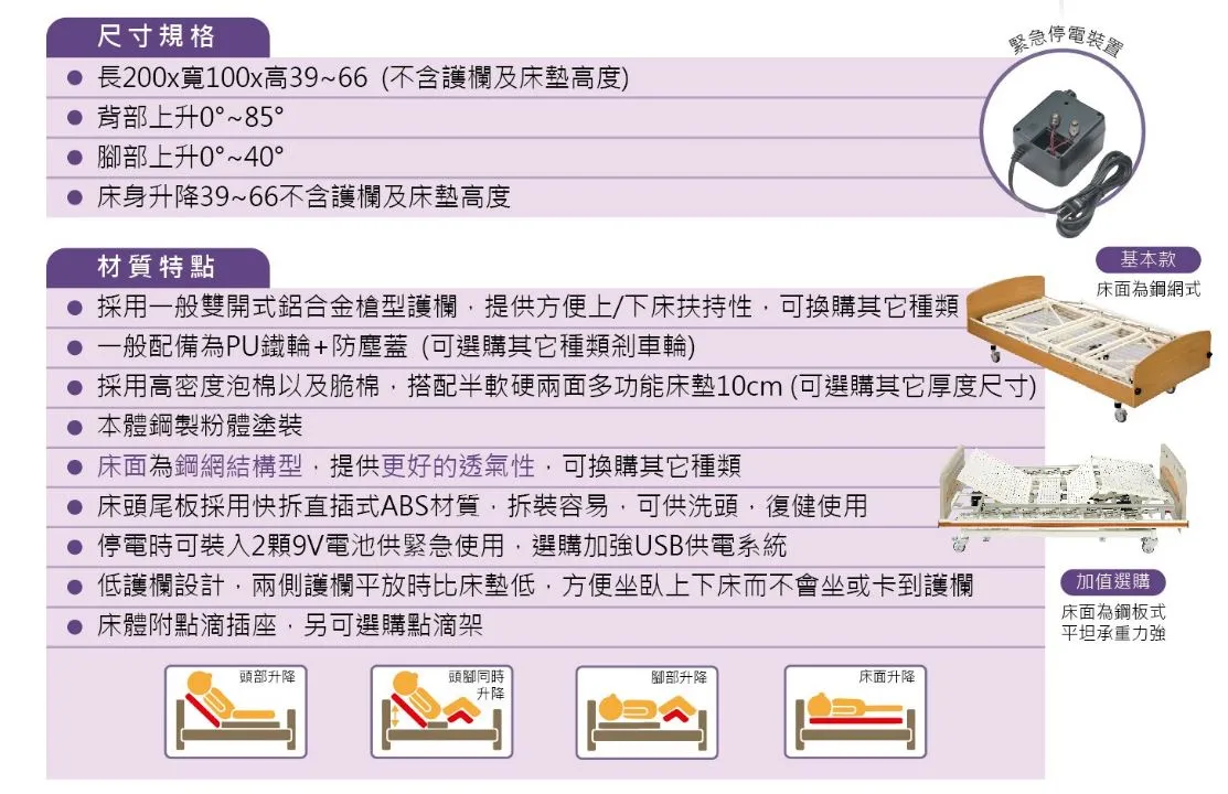 三馬達床頭型ABS居家電動床