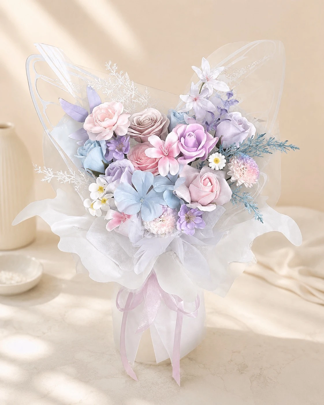 藍紫星霧蝶翼蕾絲香氛花束