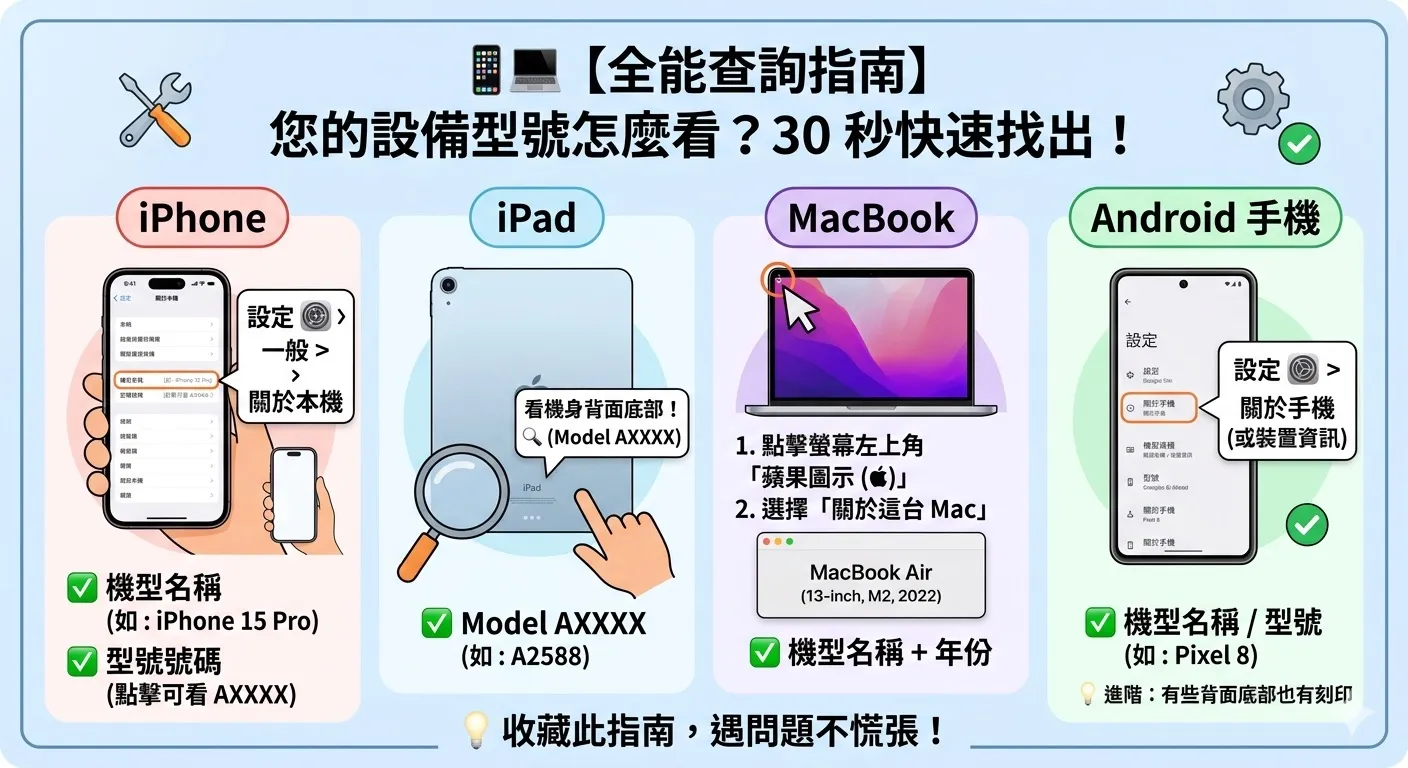 【全能查詢指南】iPhone、iPad、MacBook、Android 型號怎麼看？