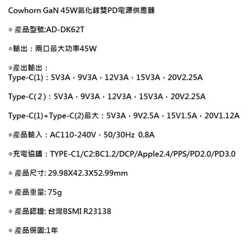 Cowhorn牛角45W PD雙孔氮化鎵快充旅充頭