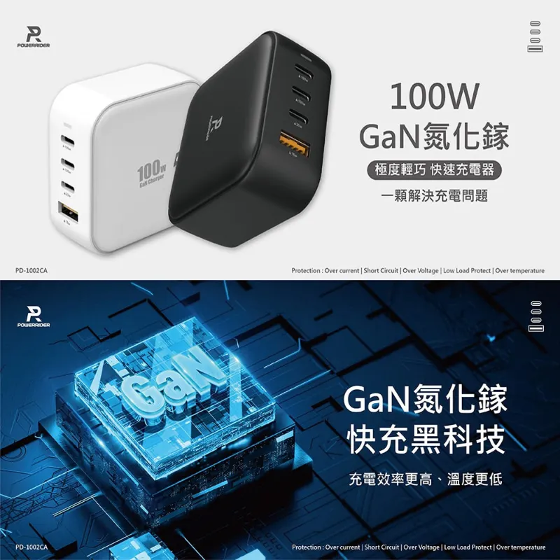 【Power Rider】PD-1002CA 100W GaN氮化鎵4孔折疊
