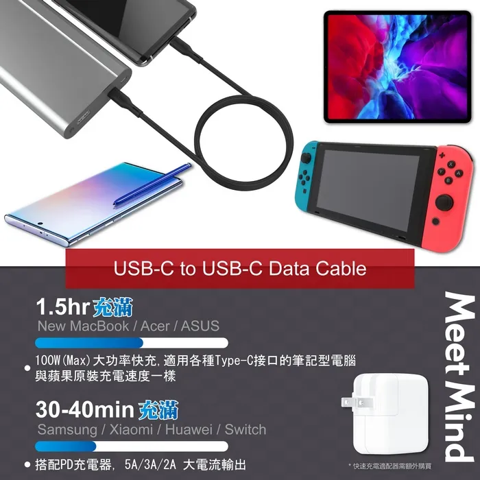 白-MeetMind C TO C 100W 1.2米 充電線