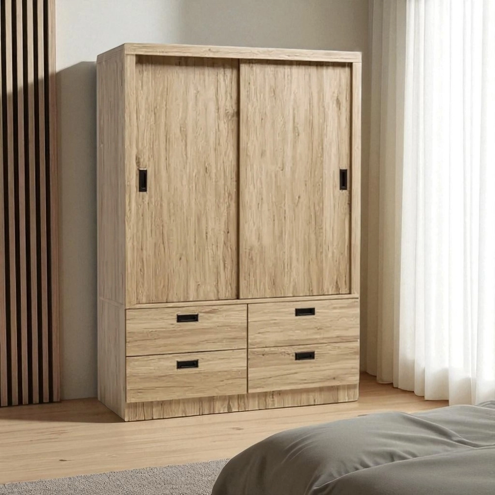 【木紋推門四抽衣櫃｜4x7尺｜附內鏡】簡潔的木紋線條，搭配推門設計，節省開門所需的空間；都能輕鬆隨意擺放。