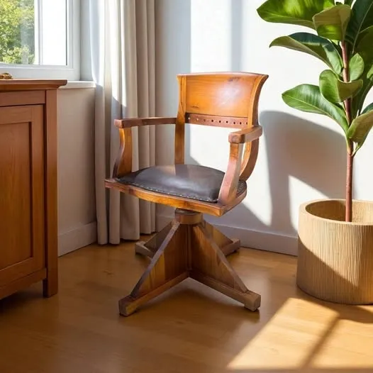 【 美式鄉村風圓弧原木牛皮坐墊旋轉椅】自然溫潤，角度隨心調整，打造溫馨居家角落