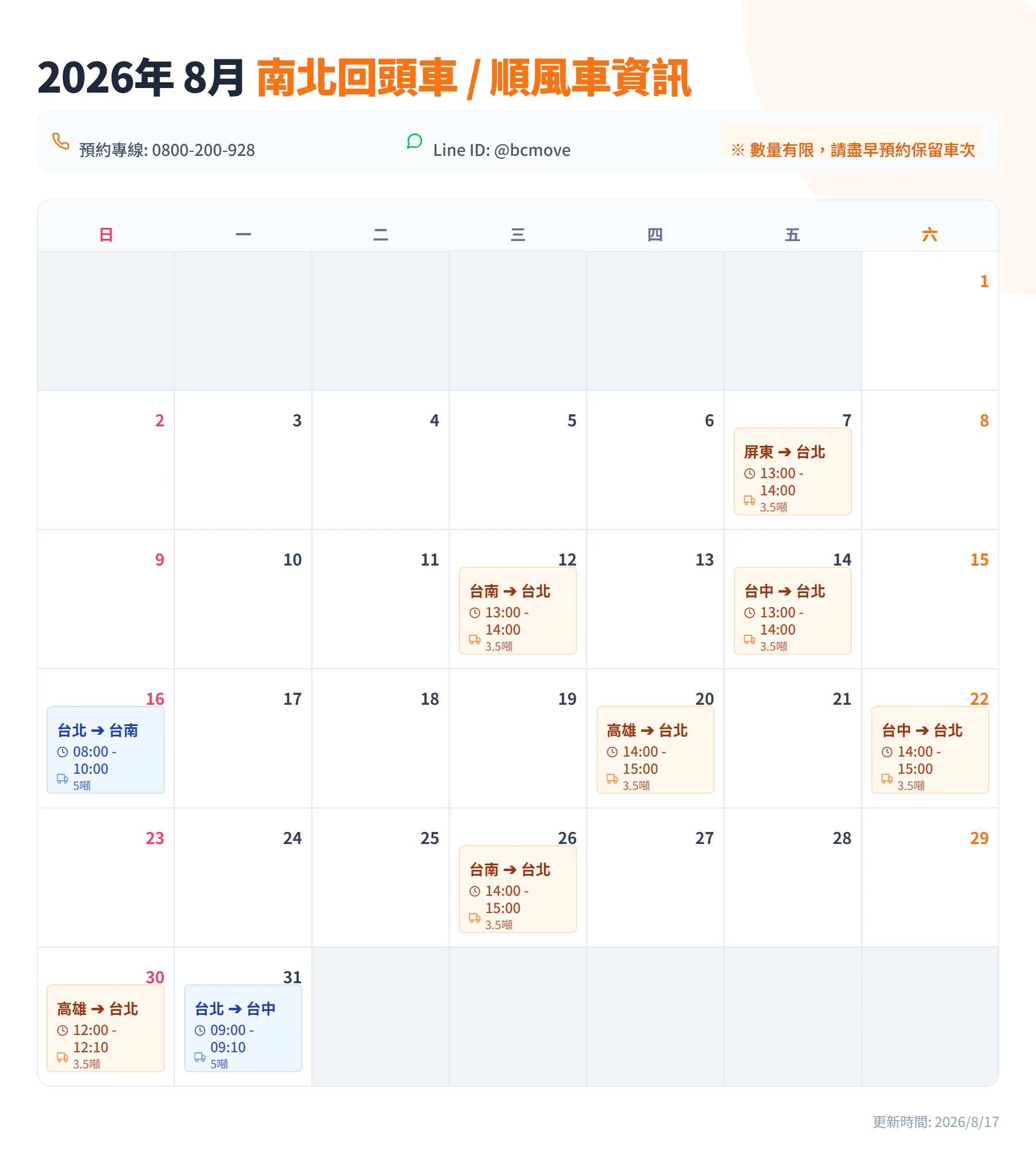 8月南北回頭車/順風車即時訊息-百成搬家貨運
