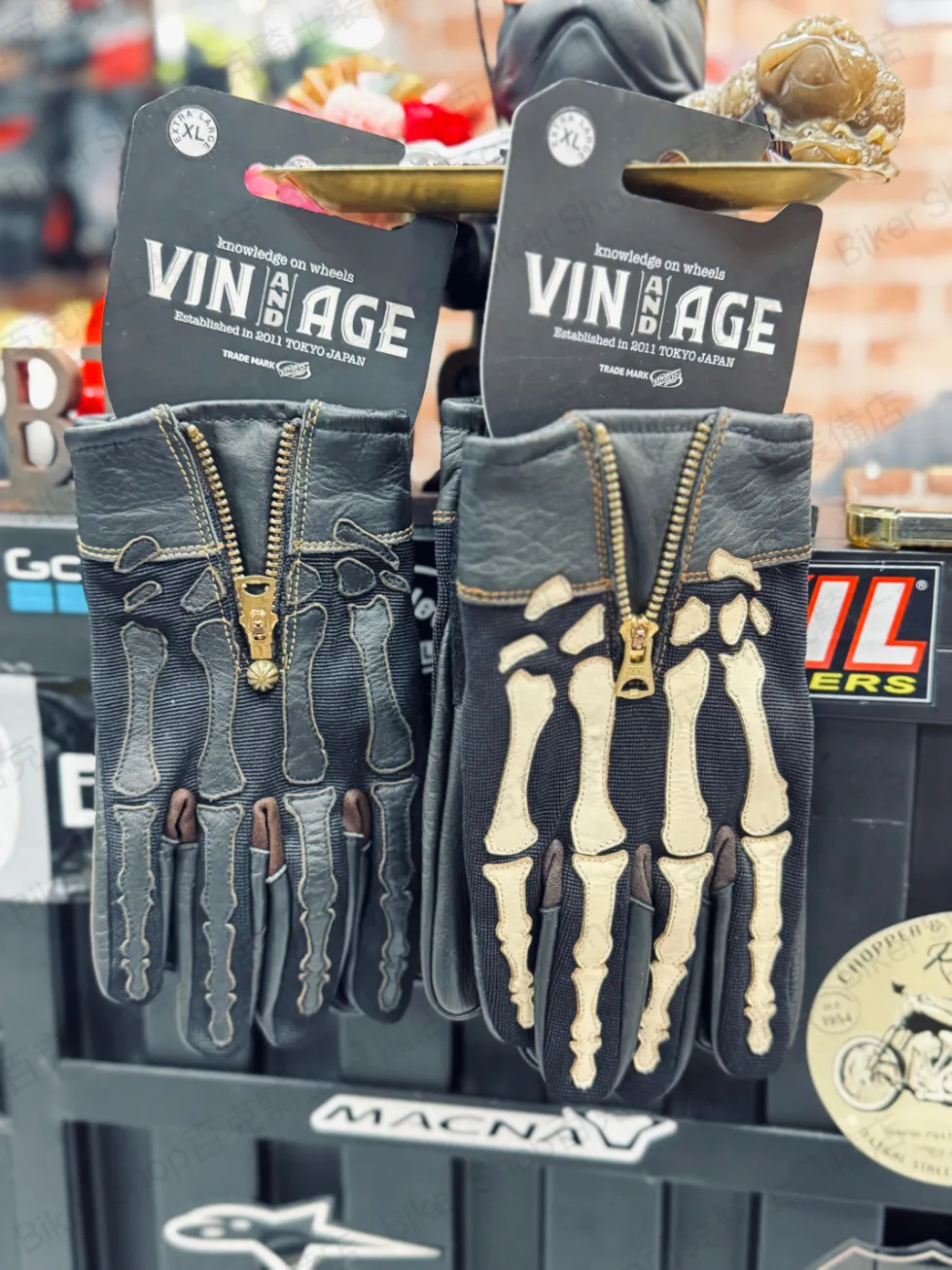 日本Vin&Age 骷髏皮革手套 牛皮 騎士手套 夏季手套 街車 美式 復古 黑