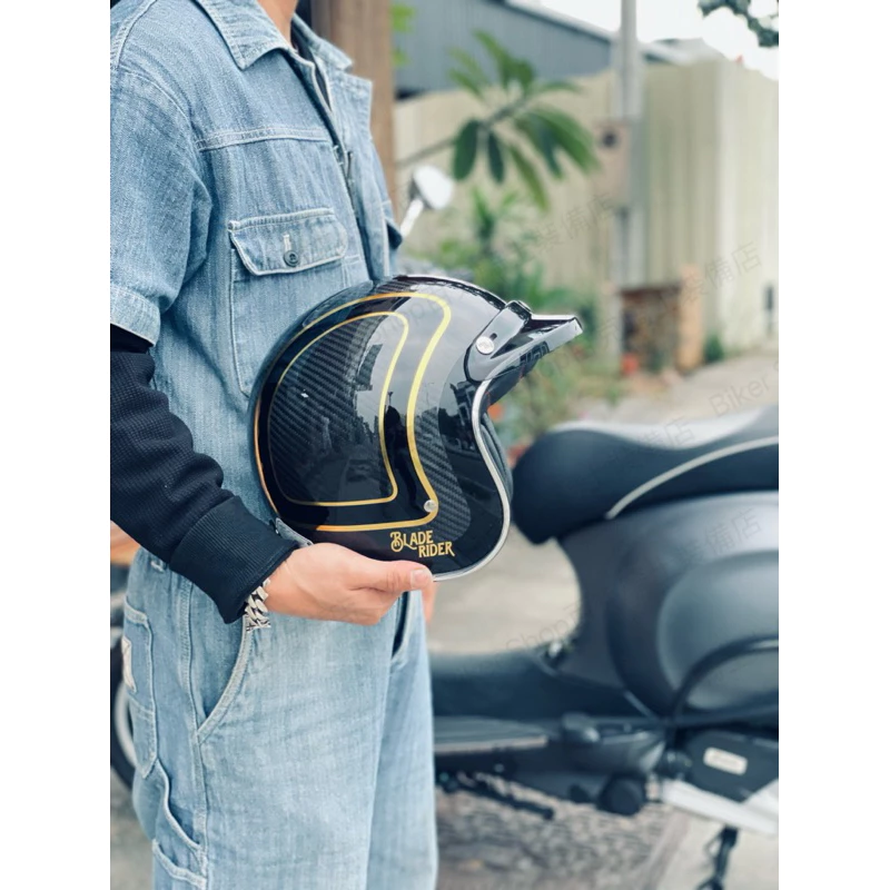 Blade Rider Viking復古碳纖維金線條設計款 復古帽 四分之三帽 騎士安全帽