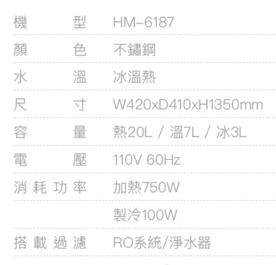 【Haohsing 豪星】立地型 數位熱交換飲水機 HM-6187 三溫飲水機