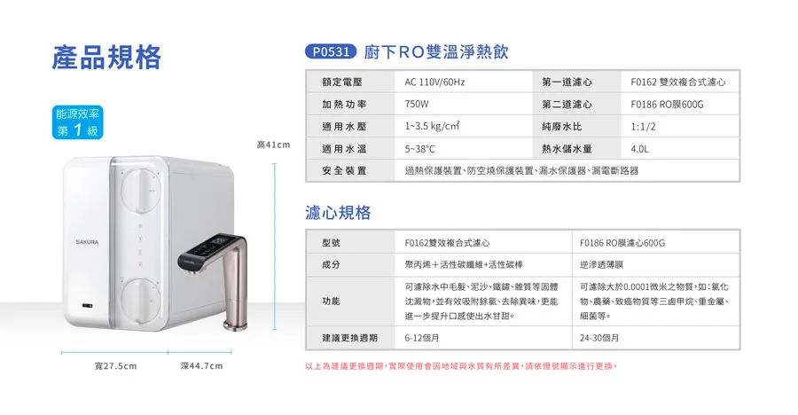 【SAKURA 櫻花】廚下RO雙溫淨熱飲 P0531【櫻花授權經銷】