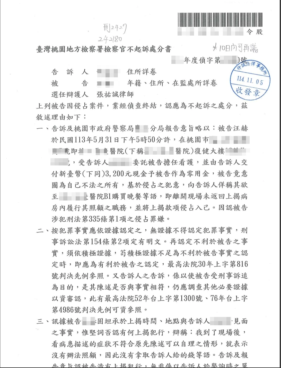 【成功案例】受雇看護遭控侵吞零用金？張祐誠律師以證據不足爭取不起訴！