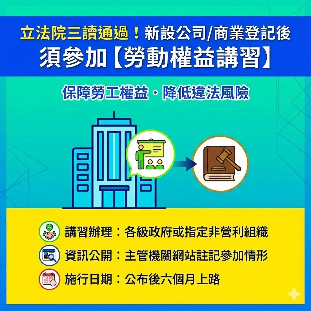 立法院三讀通過，未來新登記公司/商業負責人須強制參加勞動權益講習