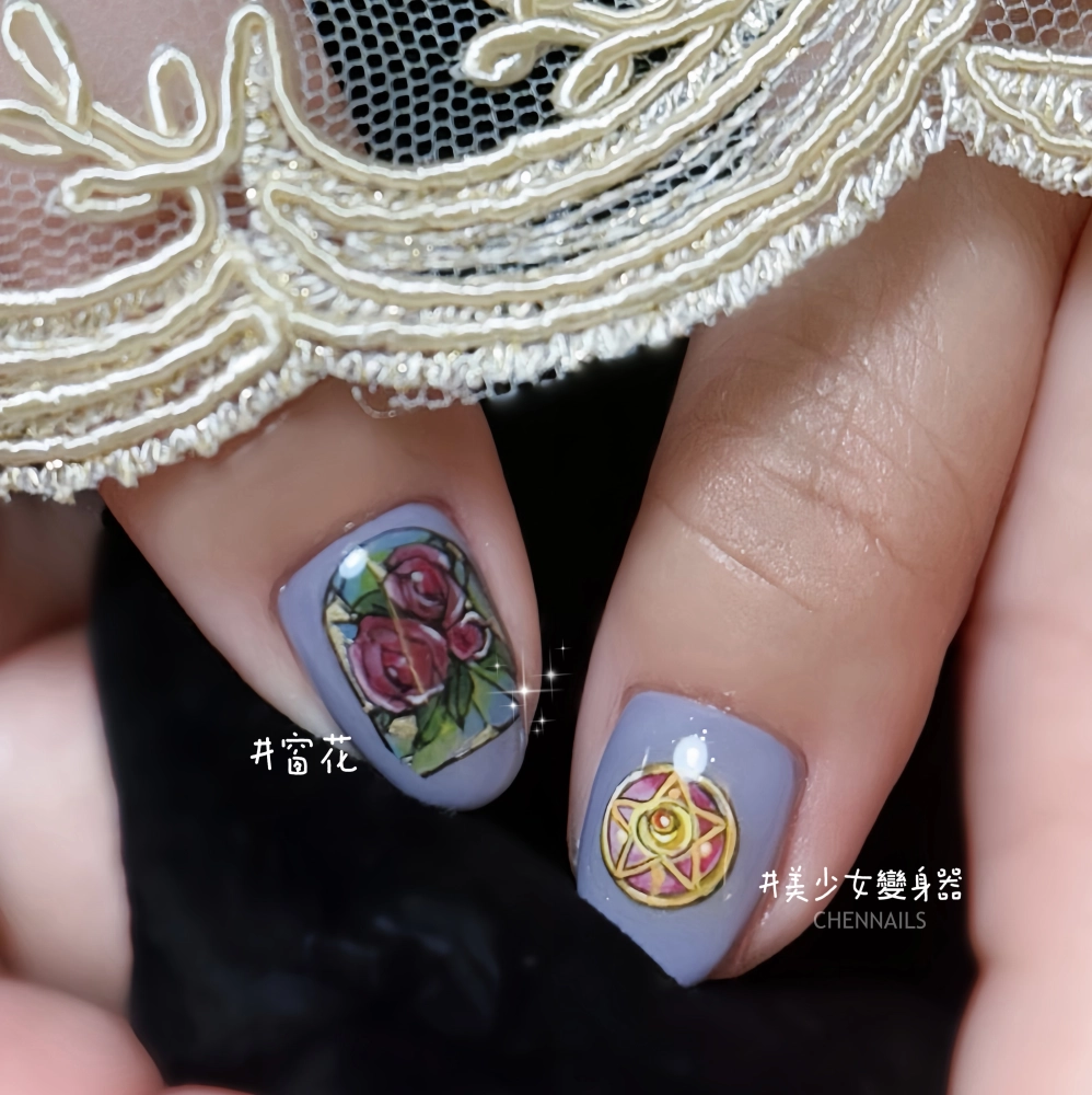 手繪美甲｜手繪玫瑰窗花、美少女變身器｜台北美甲推薦、中山區做指甲