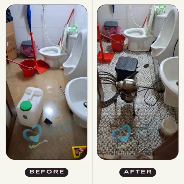 店面流理臺接明管到廁所，因油塊皂化堵塞造成積水，疏通到水溝後，地板恢復乾爽。