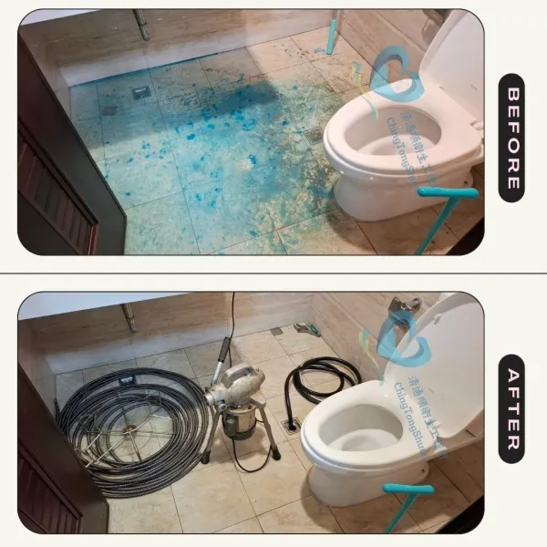 業主倒疏通劑後，仍舊無法溶解異物，從地排疏通到出水口，順利解決問題。