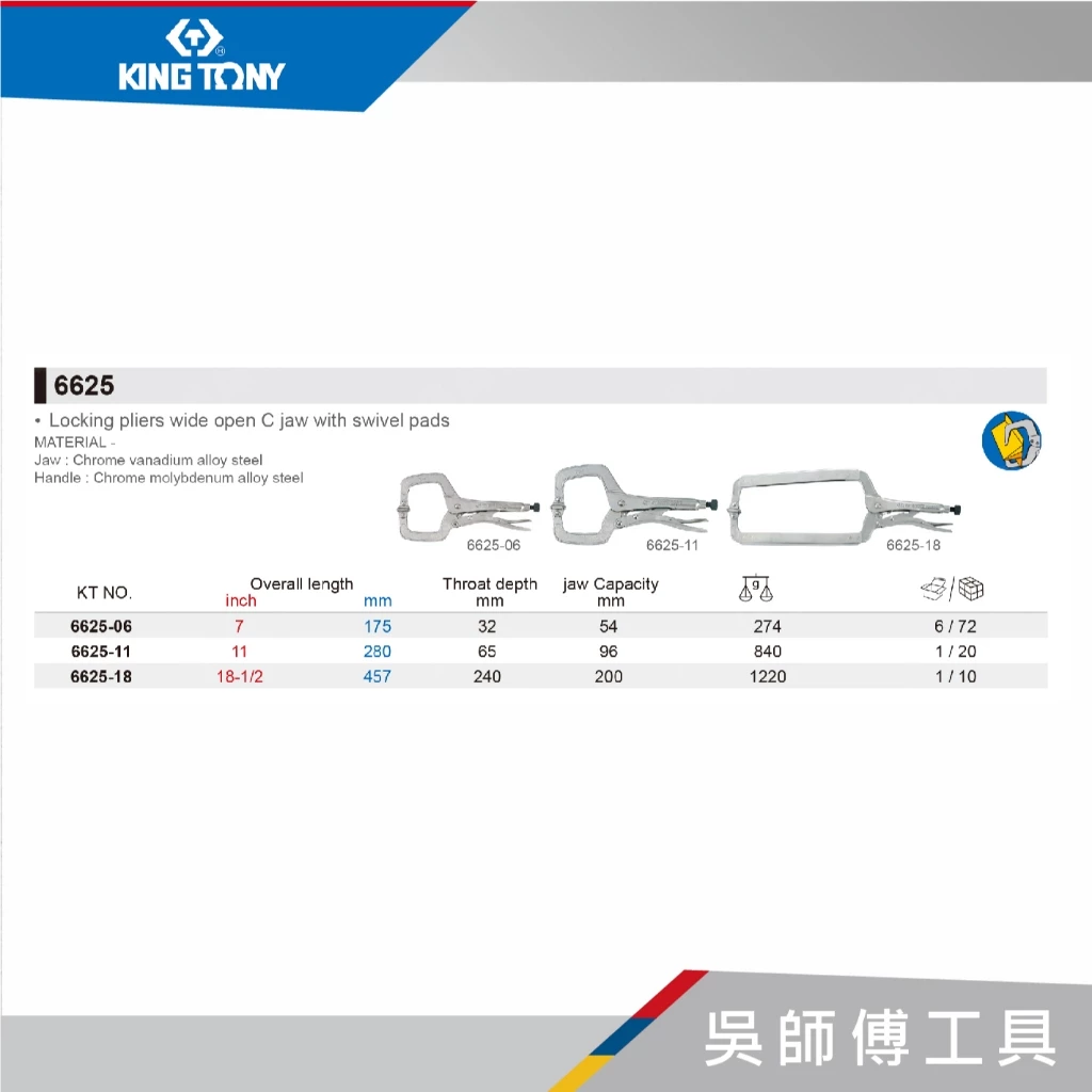 金統立 KINGTONY 台灣製 6625 C型活動嘴萬能鉗