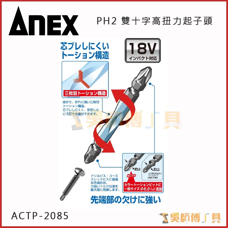 安耐適 ANEX ACTP-2085 雙十字高扭力起子頭 #2*85mmL(兩支裝)