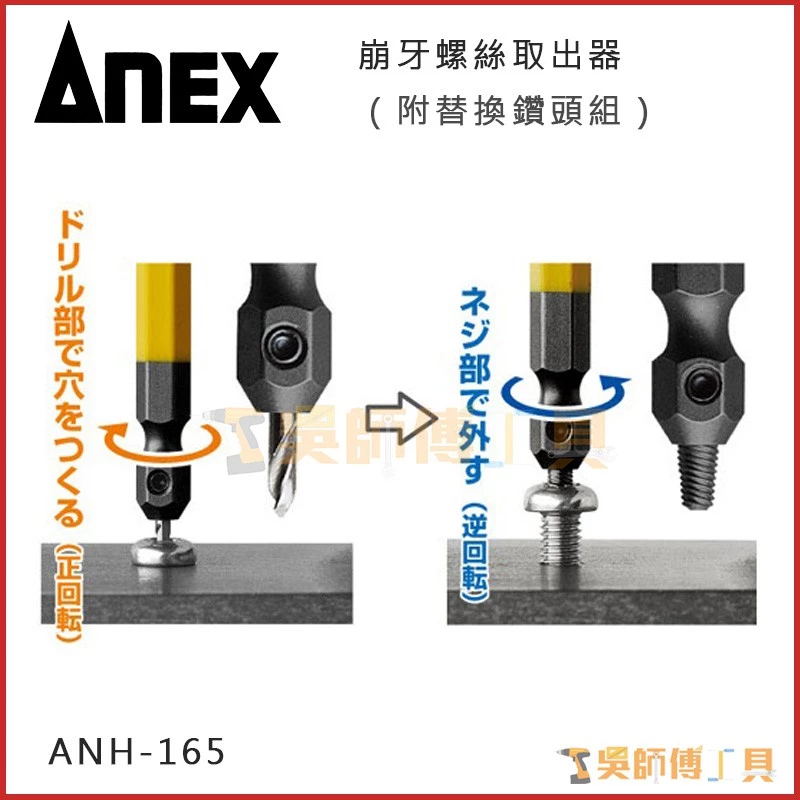 安耐適 ANEX ANH-165 崩牙螺絲取出器(可用M2.5~3)(附替換鑽頭組)