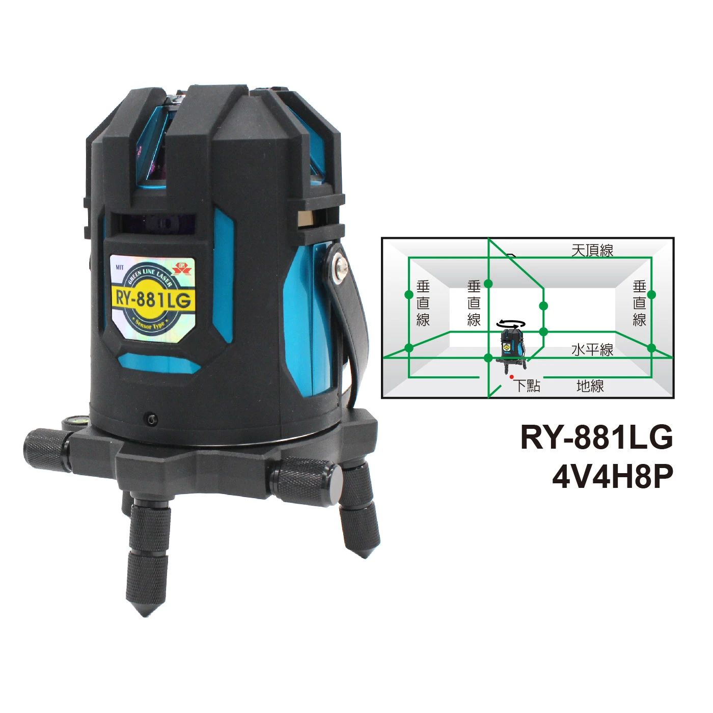 GPI台製 RY-881LG 8線綠光墨線雷射水平儀(專用鋰電池*2)