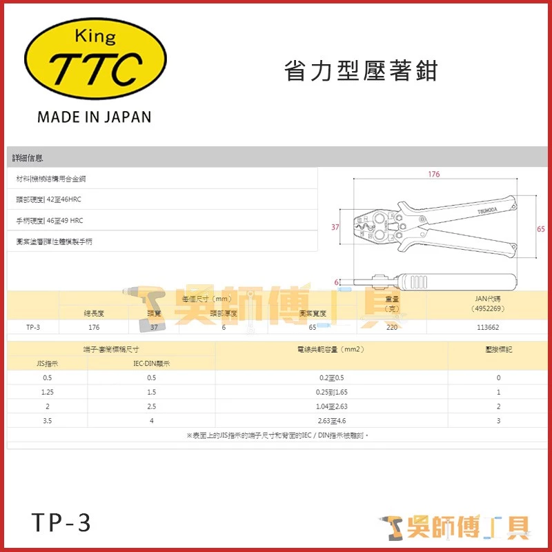 日本角田 KING TTC TP-3 省力型電工端子壓接鉗 0.5-3.5平方