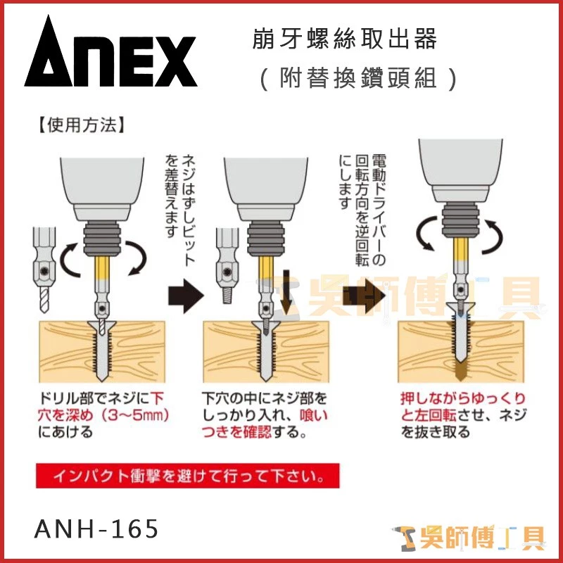 安耐適 ANEX ANH-165 崩牙螺絲取出器(可用M2.5~3)(附替換鑽頭組)