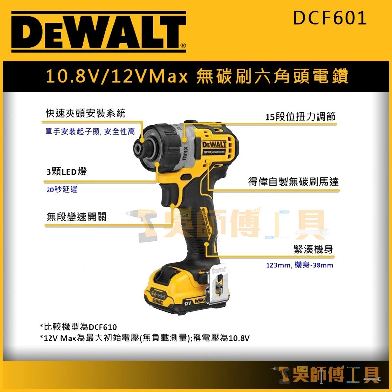 得偉 DEWALT DCF601 10.8V/12VMax 無碳刷六角頭電鑽/調扭起子機(單機)