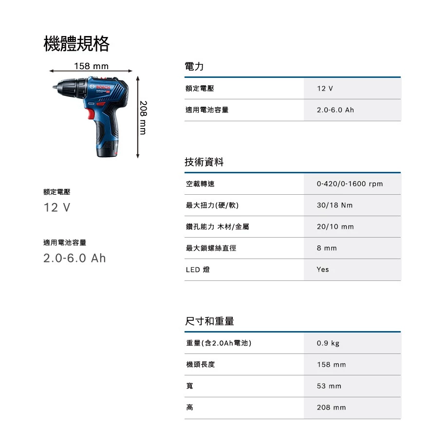 博世BOSCH GSR 12V-30 12V無刷調扭起子電鑽(附2.0AH電池*2)