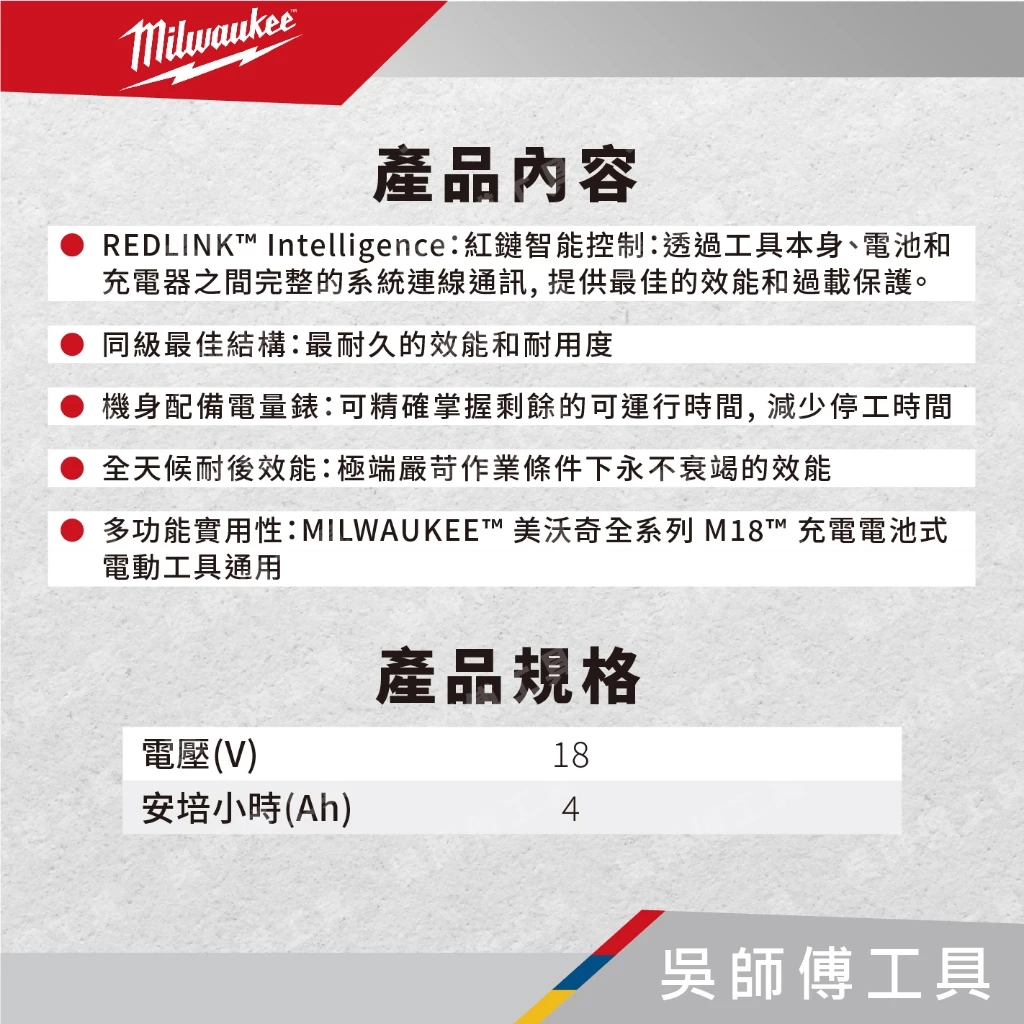 美沃奇 Milwaukee M18 B4 18V 4.0AH鋰電池