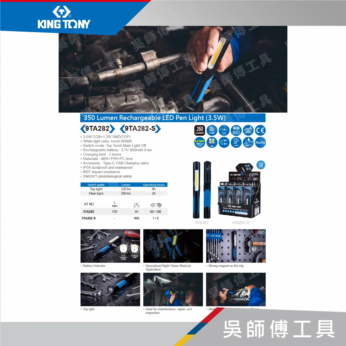 金統立 KINGTONY 台灣製 9TA282 3.5W可充電LED筆型燈 350流明