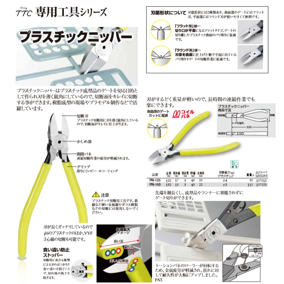 日本角田 KING TTC PN-150 塑膠斜口鉗(附彈簧式)/剪線鉗/電線剪
