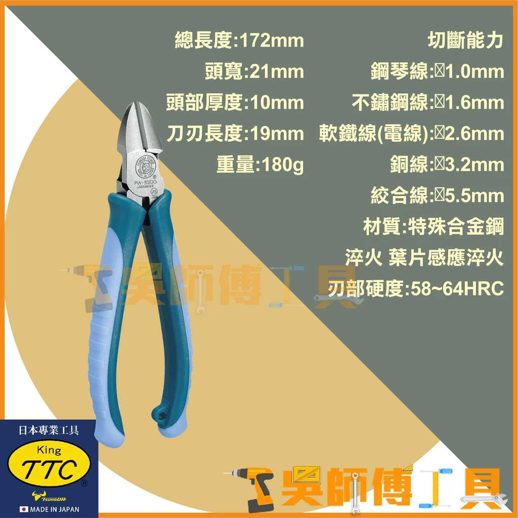 日本角田 KING TTC PW-322DG 硬材強力斜口鉗 172mm