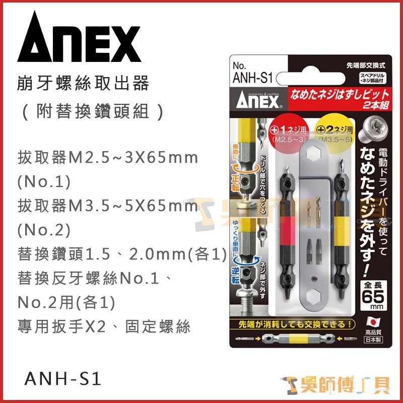 安耐適 ANEX ANH-S1 崩牙螺絲取出器(M2.5~M5可用)(附替換鑽頭組)(兩支裝)