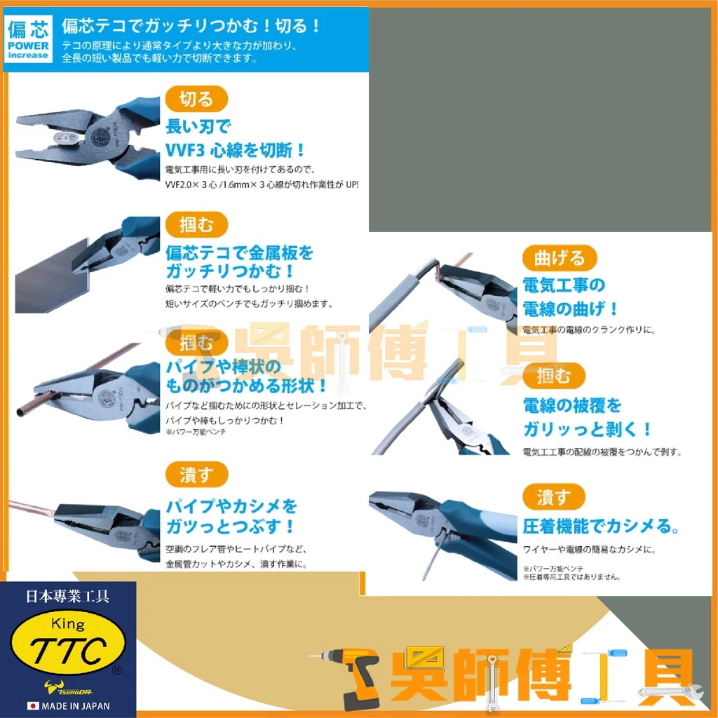 日本角田 KING TTC PW-114DG 萬能強力鋼絲鉗 8吋/200mm