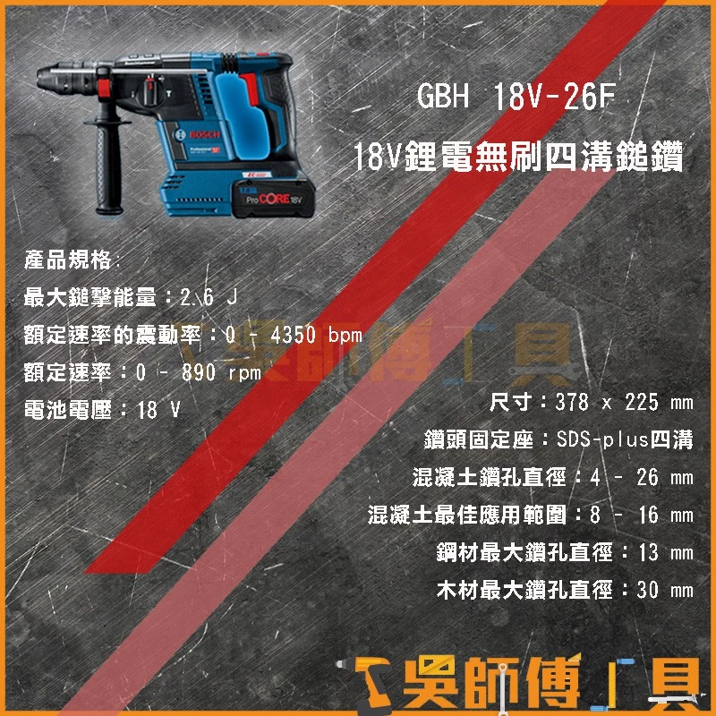 博世 BOSCH GBH 18V-26F 18V鋰電無刷四溝鎚鑽(6.0雙電池)