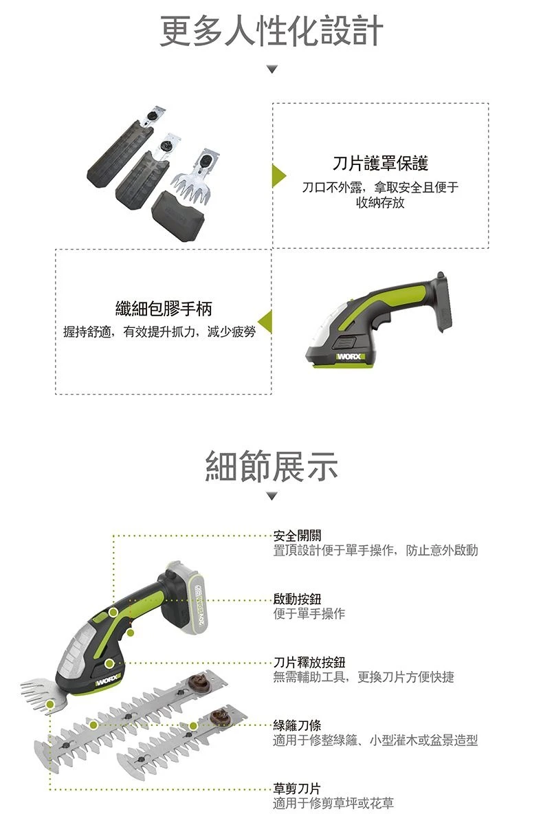 威克士WORX WD801 20V手持籬笆剪草機