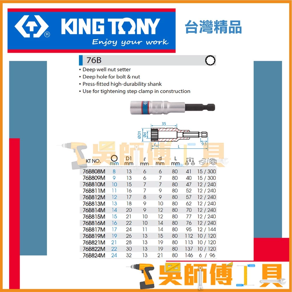 金統立 KINGTONY 台灣製 76B 六角軸12角充電起子用深孔套筒