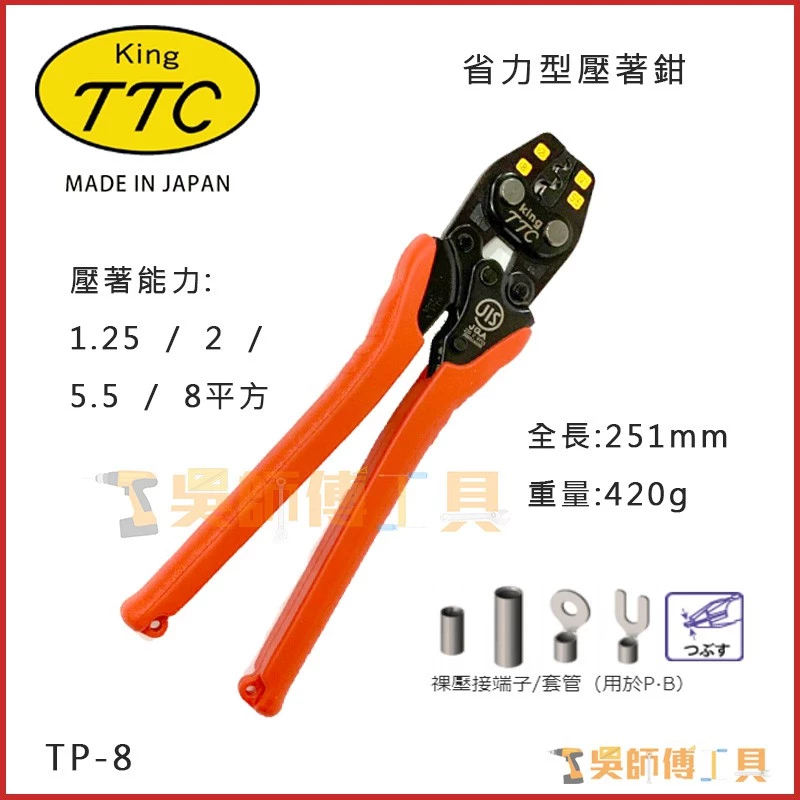日本角田 KING TTC TP-8 省力電工端子壓接鉗 1.25-8平方