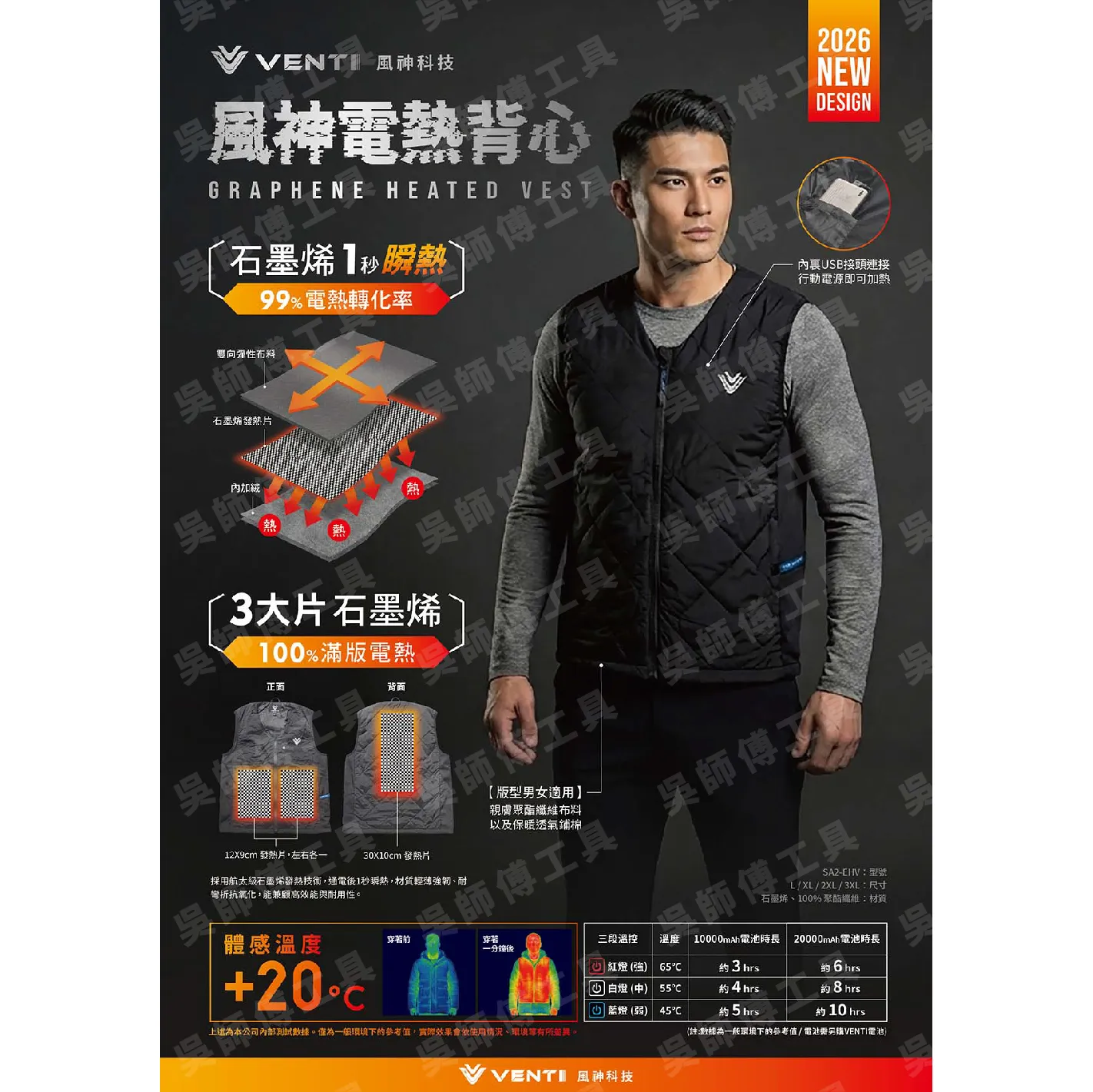 VENTI TECH風神電熱背心 發熱背心(石墨烯) (需搭配行動電源USB-A插孔)