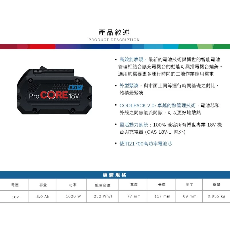 博世BOSCH 18V 超核芯ProCORE 18V 8.0Ah鋰電池