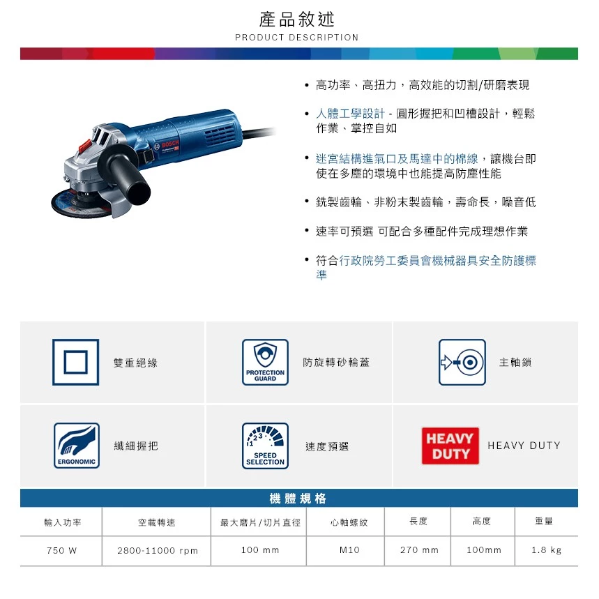 博世 BOSCH GWS 750-100S 4英吋平面可調速砂輪機