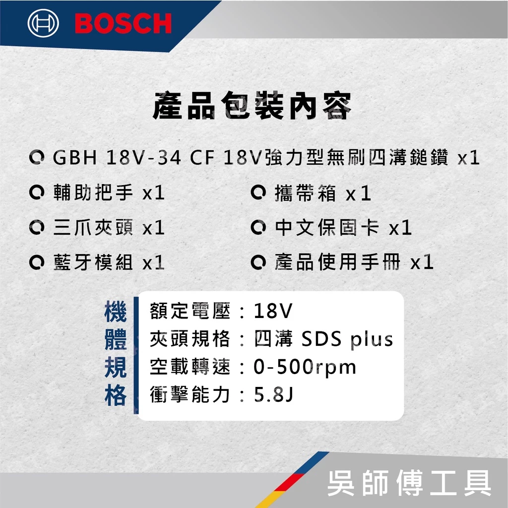 博世 BOSCH GBH 18V-34 CF 18V強力型無刷四溝鎚鑽(主機)