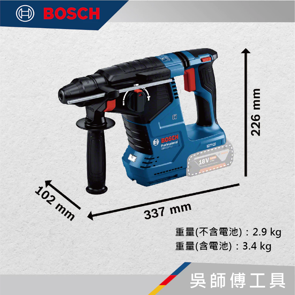 博世BOSCH GBH 187-LI 18V無刷四溝三用鎚鑽（內建藍芽晶片）