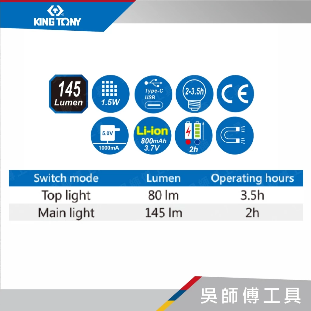 金統立 KINGTONY 台灣製 9TA28 COB+5LED可旋轉筆燈(USB充電)