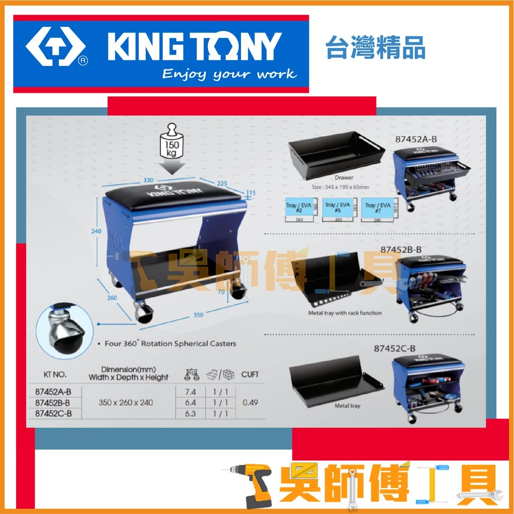 金統立 KINGTONY 台灣製 87452B-B 移動工作椅(不含工具) 可承重150KG
