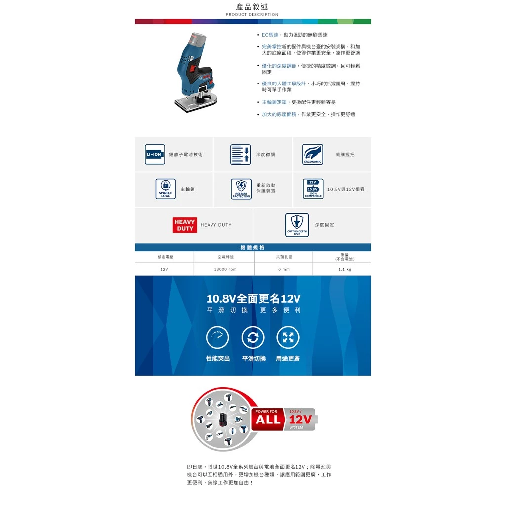 博世 BOSCH GKF 12V-8 12V鋰電無碳刷修邊機-HD(主機)