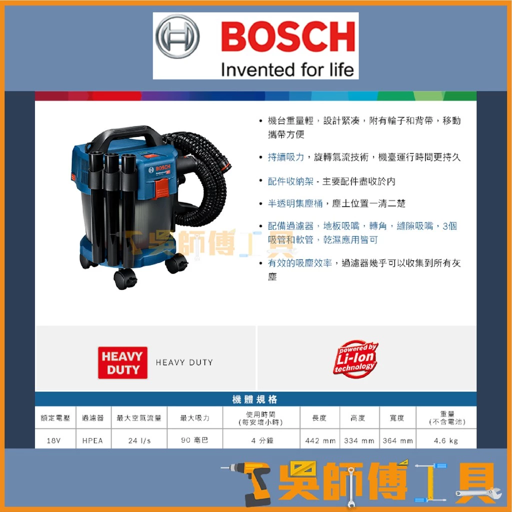 博世 BOSCH GAS 18V-10 L 18V 鋰電乾溼兩用吸塵器 (主機)HEPA濾芯 新款附輪子