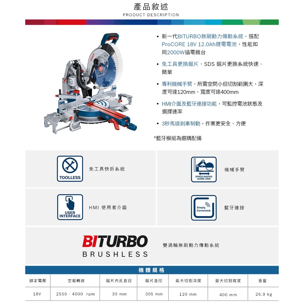 【GCM 18V-305 GDC】18V充電式角度切斷機BITURBO