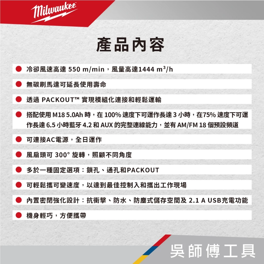 美沃奇 Milwaukee M18 AFG2 18V精銳無刷配套電扇(單機)